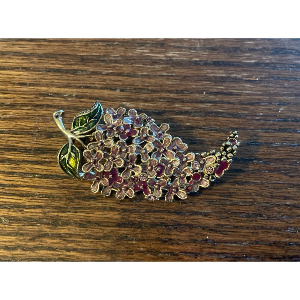 Vintage Monet Lilac Brooch Gold Tone Purple Enamel Rhinestone Signed Flower RARE